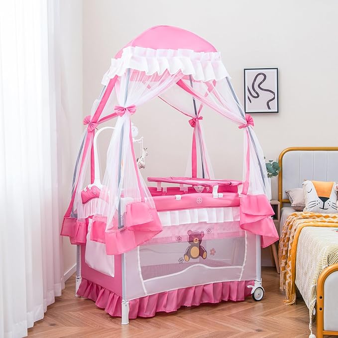 HONEY JOY 4-in-1 Pack and Play with Canopy, Portable Baby Playard w/Changing Table and Infant Bassinet, Cute Toys & Music, Foldable Bassinet for Newborn and Toddler (Hot Pink)