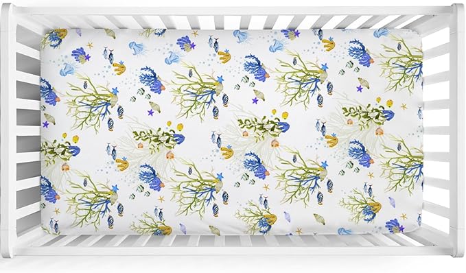 Colorful Undersea Fishes Jellyfish Sea Weeds Baby Crib Sheet 52''x28'' Nautical Life Fitted Crib Mattress Cover for Boy Girl Nursery Toddler Bed Sheets for Standard Crib and Toddler Mattresses