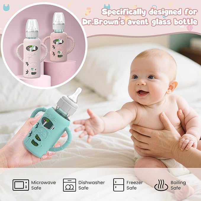 3 PCS Dr Brown Glass Bottles Silicone Sleeves, Compatible with Dr Browns Glass Bottles 4 oz, Anti-Drop Dr Brown Baby Bottles Sleeves with Handles, Heat-Insulating and Easy to Clean