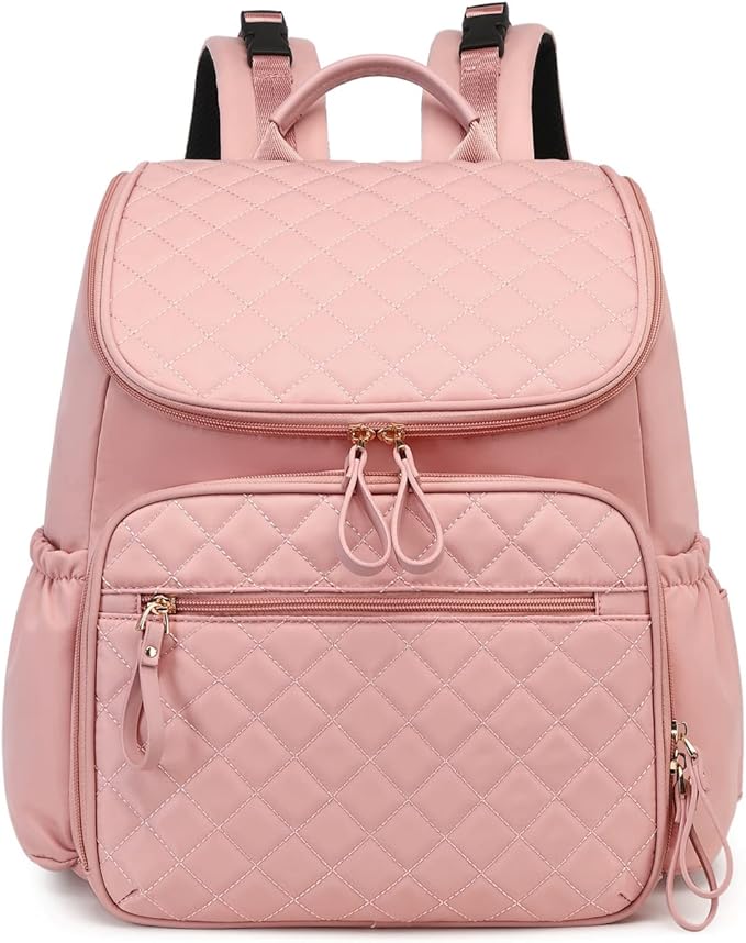 Large Capacity Diaper Bag Backpack with Stroller Buckle, Water-Resistant Travel Baby Bag with Insulated Pockets (Classic, Pink)