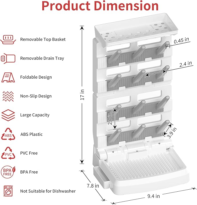 Baby Bottle Drying Rack for 12 Bottles, Space Saving Countertop Vertical Standing Bottle Dryer Rack for Baby Accessories & Pump Parts (Large White&Grey)