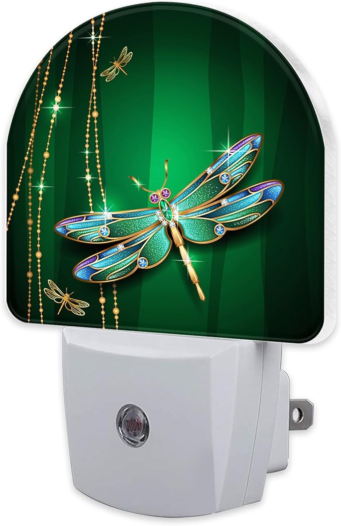 Green Jewel Dragonfly Night Light for Kids,Luxuxy Gold Dragonfly Night Light Plug in with Dusk to Dawn Sensor,0.5w Energy Saving Sleep Friendly Nightlight for Hallway Stairway Kitchen Bedroom