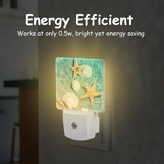 Starfish and Shell in Beach Sea Water Night Light Plug Wall,LED Night Lights with Dusk to Dawn Light Sensor for Women Girls Boys Room Decor,Hallway,Kitchen,Bathroom,Nursery,Stairs
