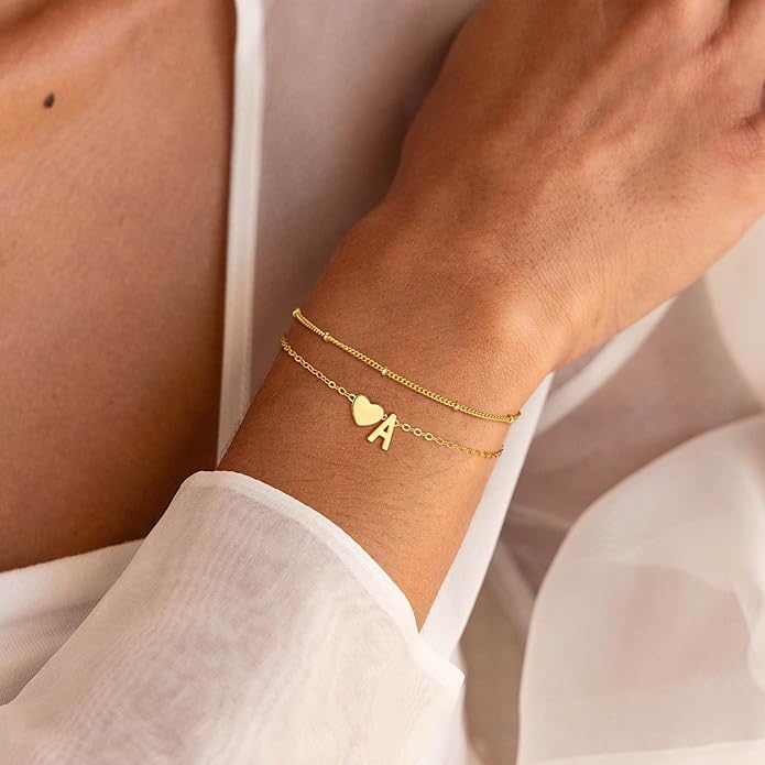 Gold Initial Bracelets for Women Girls - 14K Gold Plated Heart Initial Bracelet Teen Girl Gifts Trendy Stuff Dainty Gold Bracelets for Women Girls Trendy Jewelry Gifts