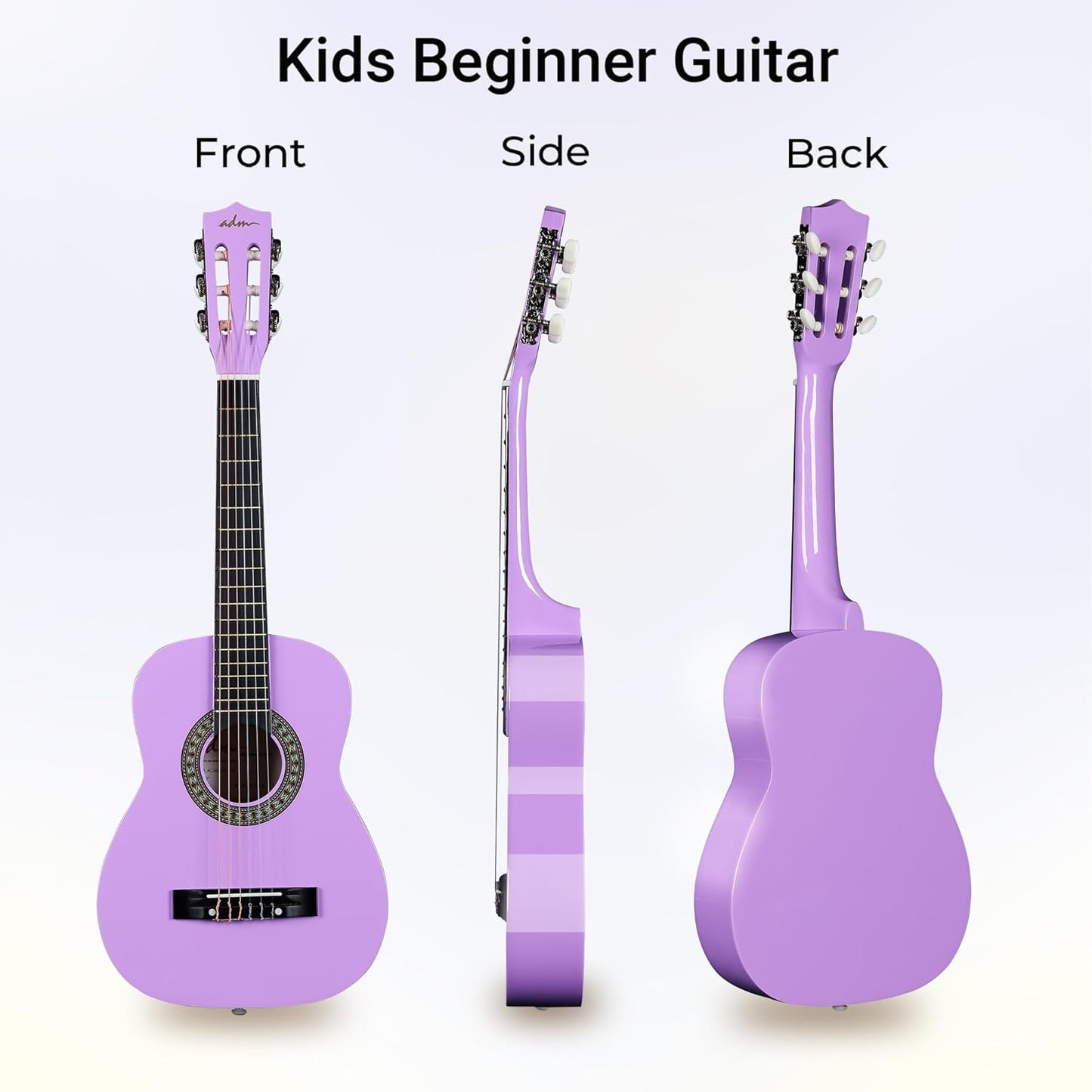 ADM Beginner Acoustic Classical Guitar 30 Inch Nylon Strings Wooden Guitar Bundle Kit for Kid Boy Girl Student Youth Guitarra Online Lessons with Gig Bag, Strap, Tuner, Strings, Picks, Purple