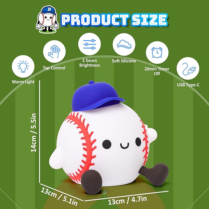 Lampeez Baseball Night Light, Soft Silicone Touch Lamp, Cute LED Nursery Nightlight & Bedroom Decor, Xmas Birthday Gift for Boys, Girls and Baseball Fans, Creates Soothing Glow for Bedtime