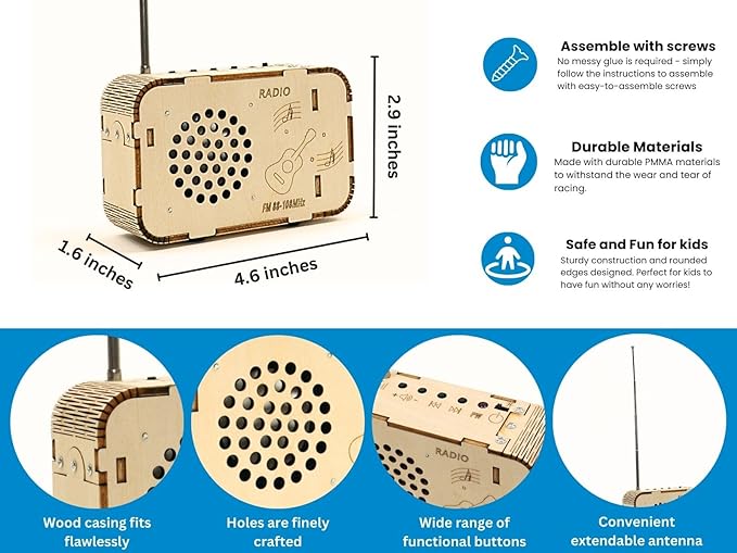 Wooden FM Radio Kit FM 88-108MHz - Science Experiment and Educational Project STEM Kit