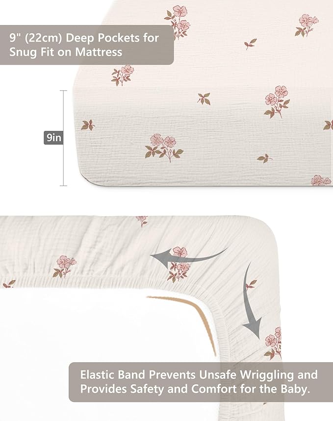 Crib Sheets for Baby Boy Girl 2 Pack, Fitted Crib Mattress Sheet 28" x 52", Muslin Toddler Bedding with Neutral Style, Nursery Bedding Essentials (Vintage Blossom & Pink)