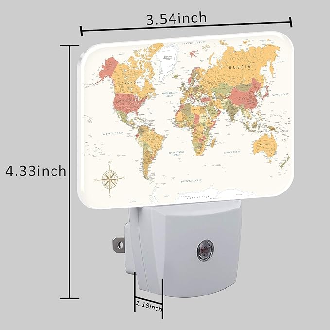 Vintage Yellow World Map Night Light for Kids, World Map LED Night Light Plug into Wall with Dusk to Dawn Sensor for Girls Boys Women Men Bedroom, Hallway, Kitchen, Bathroom, Stairs Decor