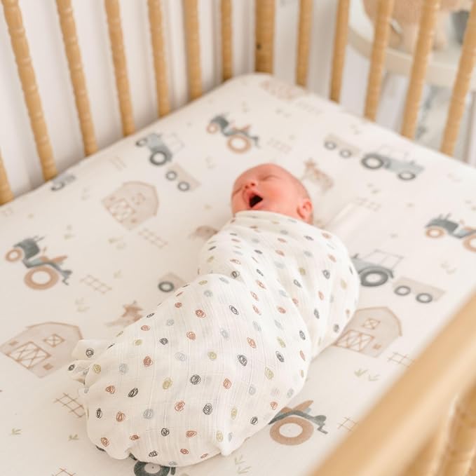 Crane Baby Charlie Farmhouse Tractor Crib Fitted Sheet, 100% Cotton Baby Bed Sheets, Farm Nursery Decor, Crib Sheets for Boys, Baby Registry Gift, Tractor Nursery Decor