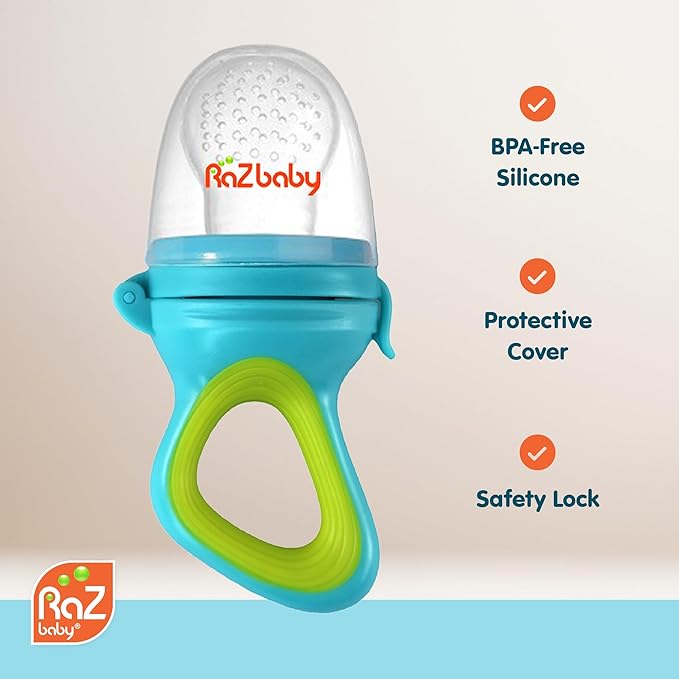 RaZbaby Baby Solids/Frozen Fruit Feeder Pacifier, Infant Teether Toy 6M+, BPA-Free Silicone Pouch & Nipple, Safely Introduce Solids, Natural Teething Relief, Dishwasher Safe, Freezable – Tan/White