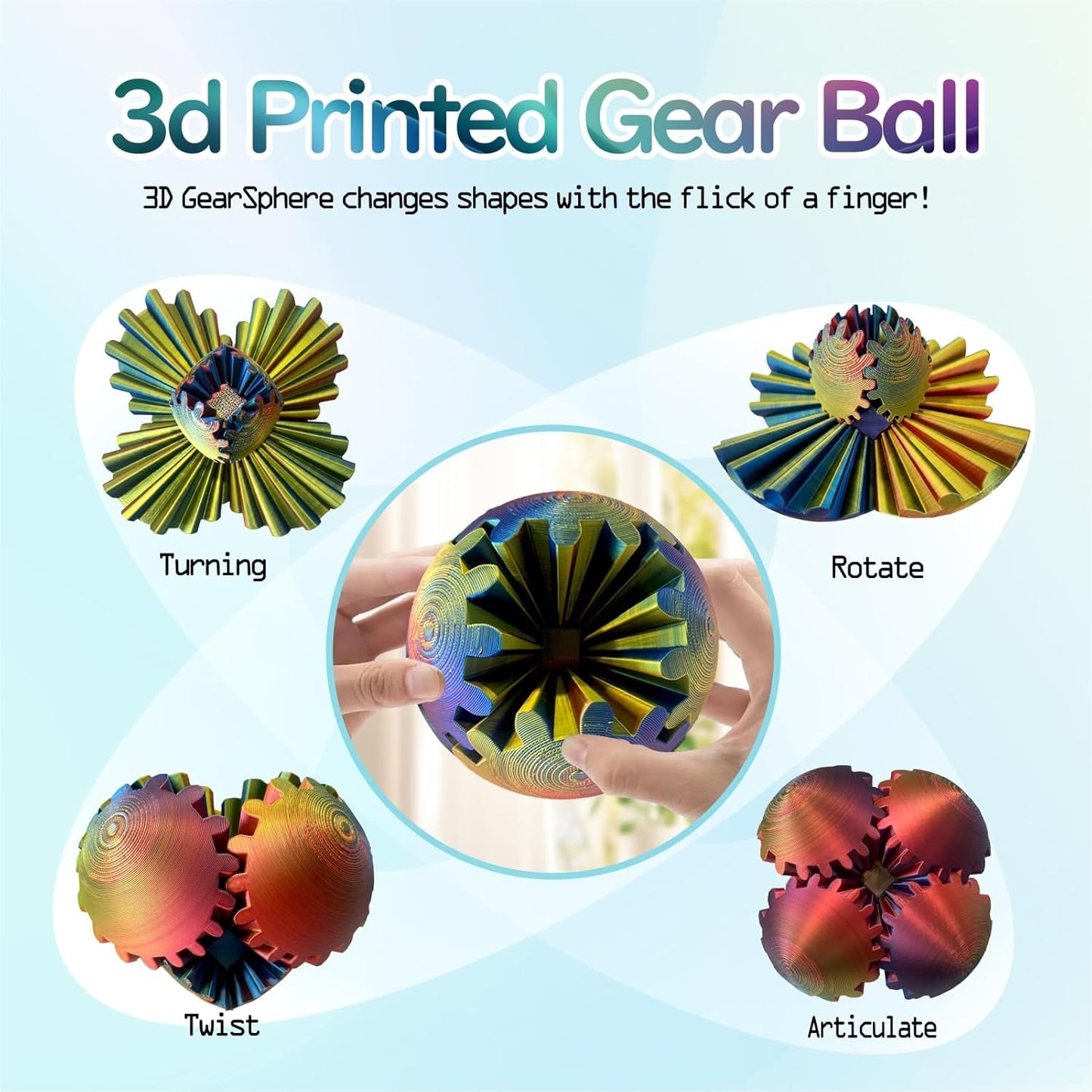 Gear Ball - GearSphere Fidget Toy, 3D Printed Gear Ball Spin Ball Cube Desk Toy, 2024 Gear Sphere Cube Puzzlefor Adults Kids, Stress and Anxiety Relaxing Fidget Toy (Red-Yellow-Blue)