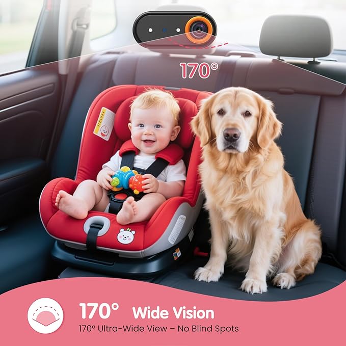 BM2A Baby Car Camera – 3X Zoom to See Baby Clearly, 5.2" 1080P Display & Auto IR Night Vision, Rear-Facing View Monitor, Easy Install for Parents & Pet Owners