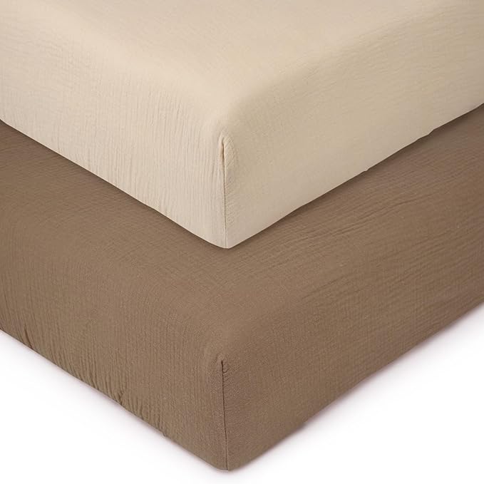 Muslin Mini Crib Sheets for Girls & Boys-2 Pack 24"x 38" Soft Baby Mattress Sheets Fitted-No Slip Neutral Toddler Cotton Bedding-Nursery Décor Taupe Brown & Light Beige