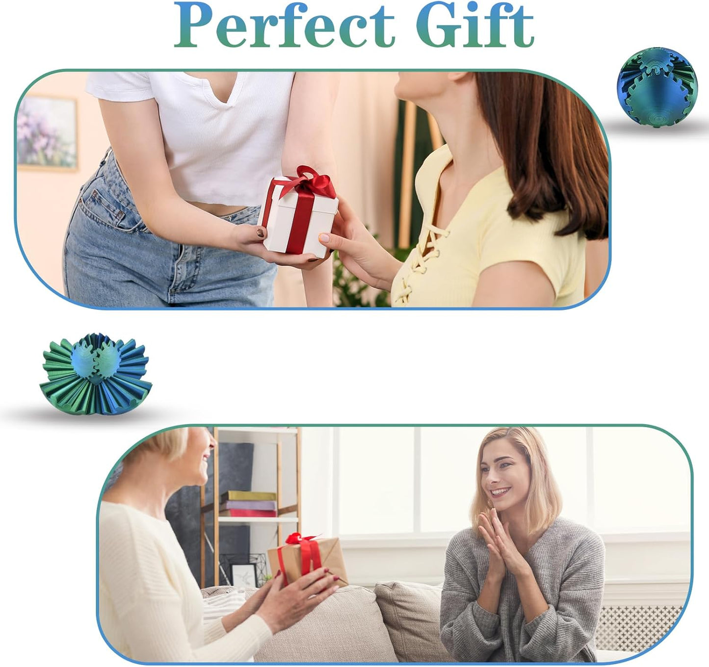 3D Printed Gear Sphere Ball – Colorful Gear Ball Fidget Gear Sphere Puzzle Cube Stress Relief Toy for Office and Home Decor Unique Gift Idea for Friends and Family (Blue&Green)