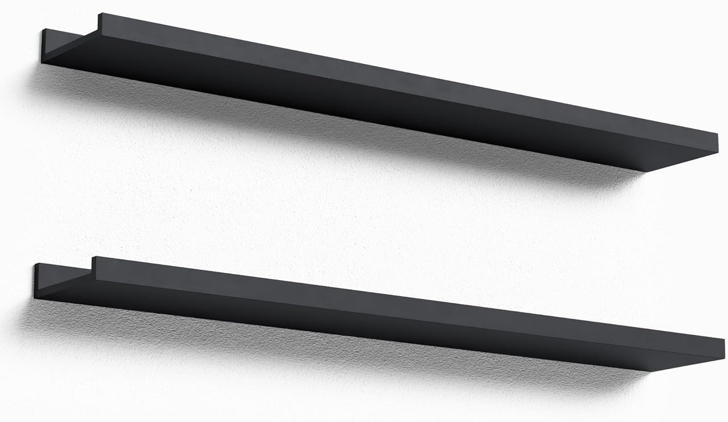 35.4 Inches Long Floating Shelves Wall Mounted, 2 Set Modern Black Wall Shelf for Bedroom, Nursery Book Shelf with Lip, Picture Ledge Shelf for Wall Decor Living Room Bathroom Kitchen- Black