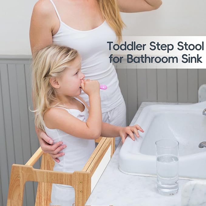 4 in 1 Kids Toddler Kitchen Stool Helper with Double-Sided Whiteboard, Wooden Toddler Learning Standing Tower, Non-Skid Feet Children Step Stool for Kitchen Counter, Bathroom Sink, Adult Use