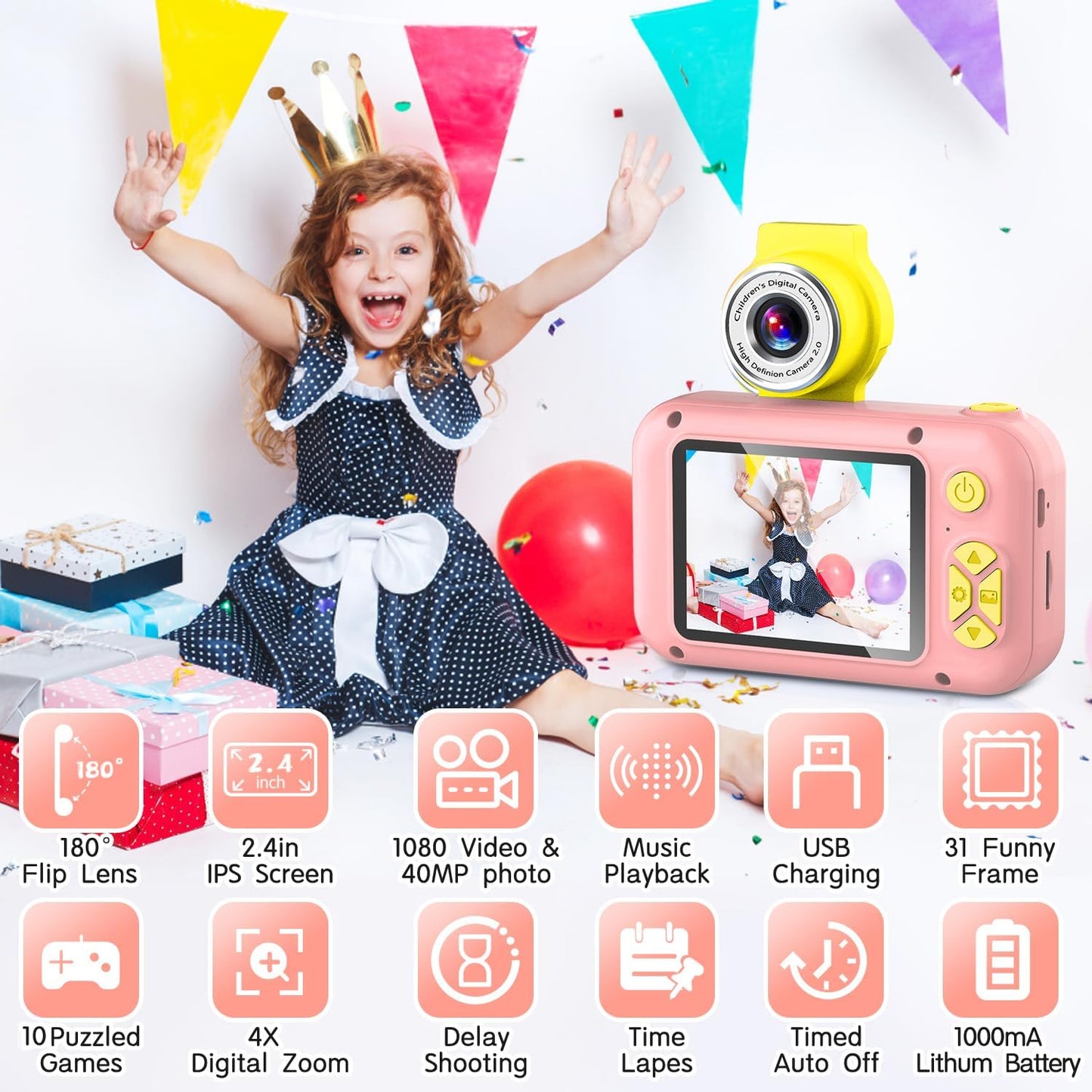 Kids Camera, Toddler Kid Digital Camera with 180°Flip Lens & 2.4in IPS Screen, Birthday Festival Gifts Present Toy for 4 5 6 7 8 9 10 11 Year Old Girls/Boys, 32 GB Card Included, X101