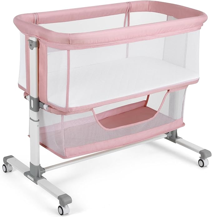 Cowiewie Bassinet Bedside Sleeper, Portable, Breathable, Adjustable Baby Bedside Bassinet for Peaceful Nights, Pink