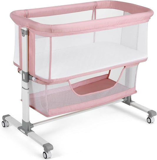 Cowiewie Bassinet Bedside Sleeper, Portable, Breathable, Adjustable Baby Bedside Bassinet for Peaceful Nights, Pink