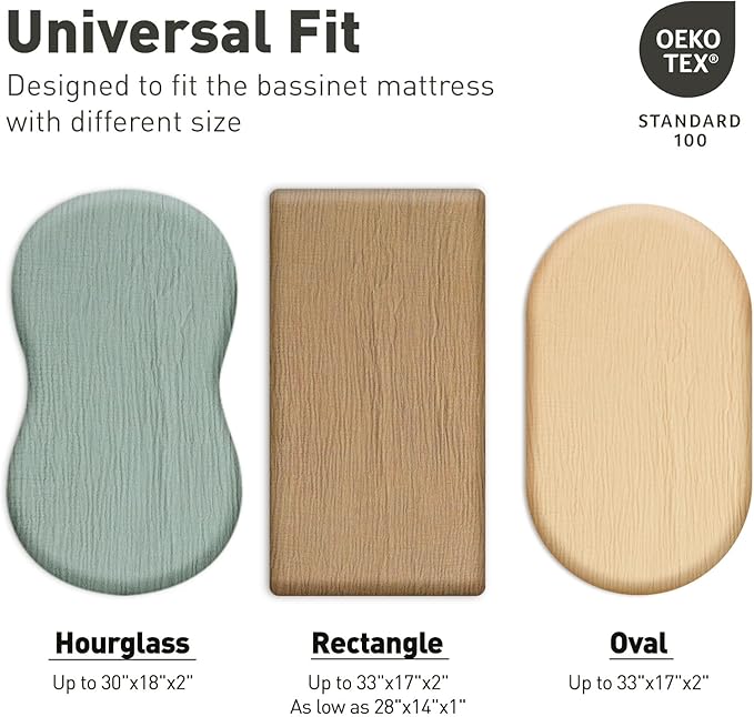 Muslin Bassinet Fitted Sheets, 2 Pack for Baby Boy and Girl, Soft Breathable Stretchy Baby Pad/Mattress Sheet Set, Universal Fit for Hourglass Oval and Rectangle Bassinet Mattress (Cute Rainbow)