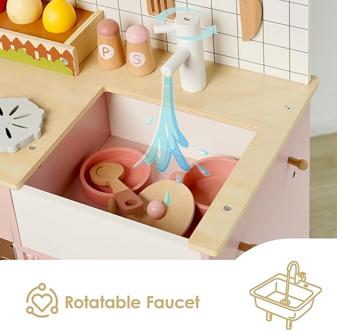 Pink Wooden Play Kitchen with Realistic Features & Accessories, Pretend Cooking Toy for Kids 3+, Ideal Gift for Toddler Boy and Girls