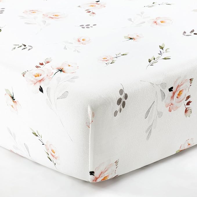 GRSSDER Stretch Ultra Soft Jersey Knit Fitted Crib Sheets Set 2 Pack, Universal Fitted Most Crib Mattress Pads Safe and Snug, Breathable Crib Fitted Sheet for Baby, Pink Rose Print