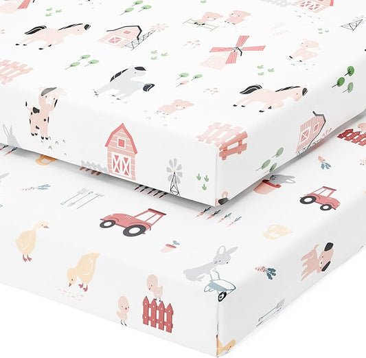 Pack and Play Sheets Fitted – Compatible with Graco Pack n Play Playard Crib and Other 27 x 39 Inch Playpen Mattress – Snuggly Soft 100% Jersey Cotton – Farm Animals – 2 Pack