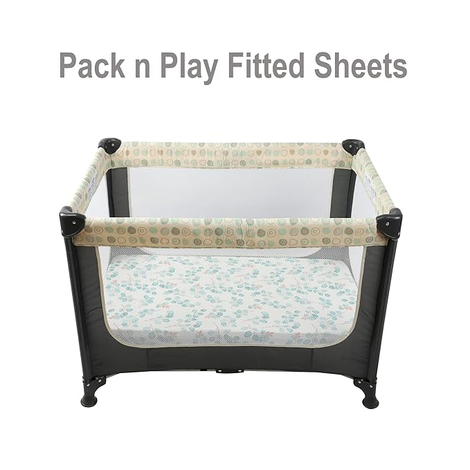 Onacosht Pack n Play Sheets 2 Pack for Baby Girl, Stretchy Jersey Knitted Playard Fitted Sheets Portable Mini Crib Mattress Cover, Watercolor Green Leaf and Plain Pink