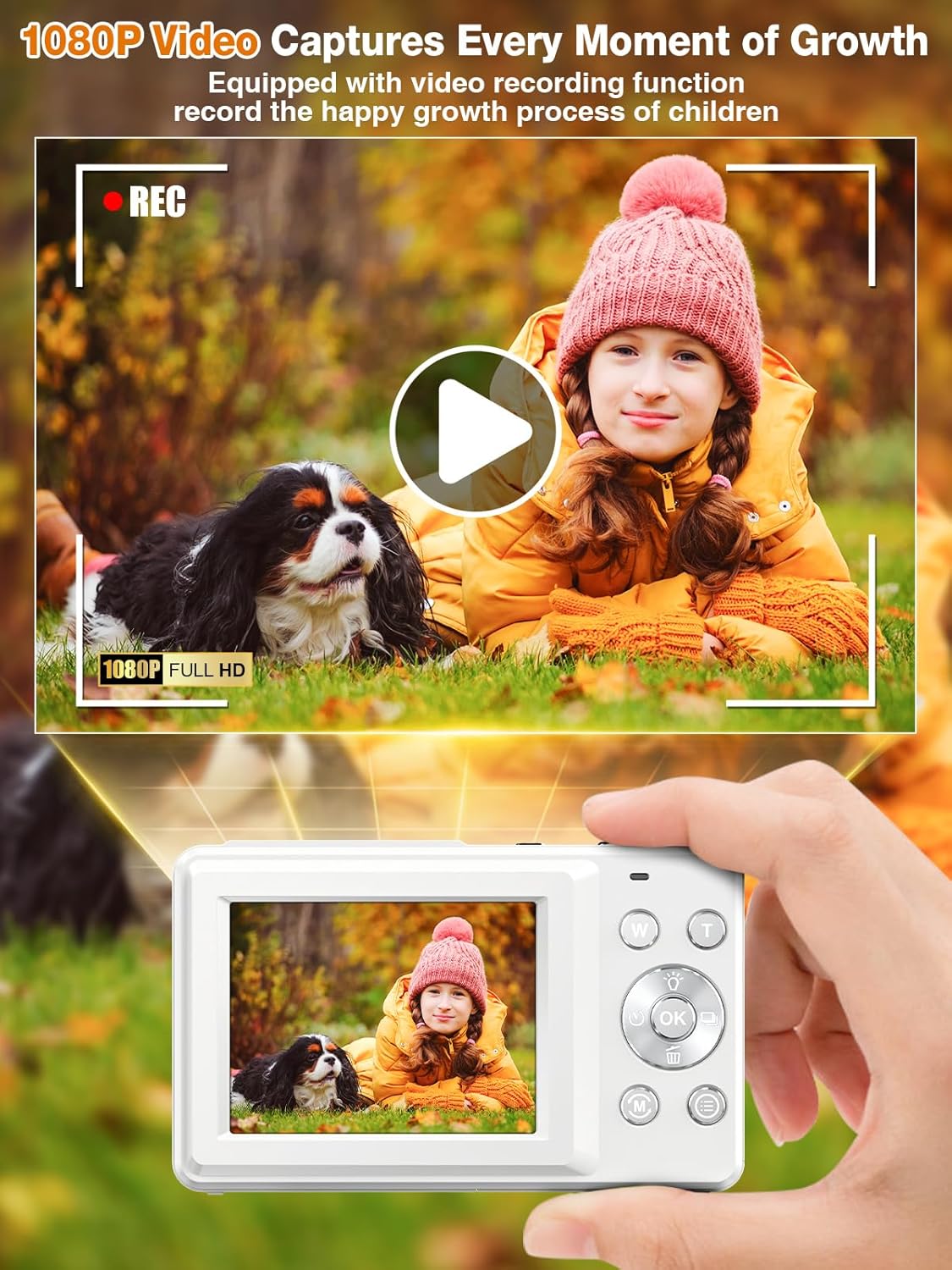 Digital Camera,FHD 1080P Kids Camera 44MP Point and Shoot Digital Cameras with 32GB Card,16X Zoom,Anti-Shake,Date Stamp,Compact Small Cameras Photography for Kids Student Teen Girl Boy(White)