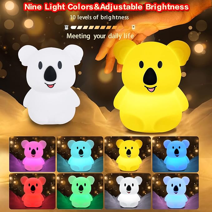 WHA&DARREN Koala Night Light for Kids, Silicone Bedside Lamp, Baby Nursery Light, Children Night Lights, Squishy Night Light for Kids Room,Kawaii Lamp, Animal Night Lights for Girls and Boys