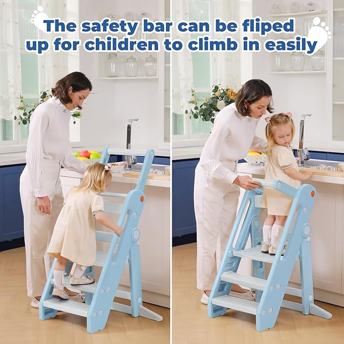 Onasti Toddler Tower Kitchen Stool Helper, Foldable & Adjustable Height Kids Learning Stool for Kitchen Counter Bathroom Sink, Child Ladder for Toddlers with Handles, Safty Rail, Non-Slip Pads-Blue