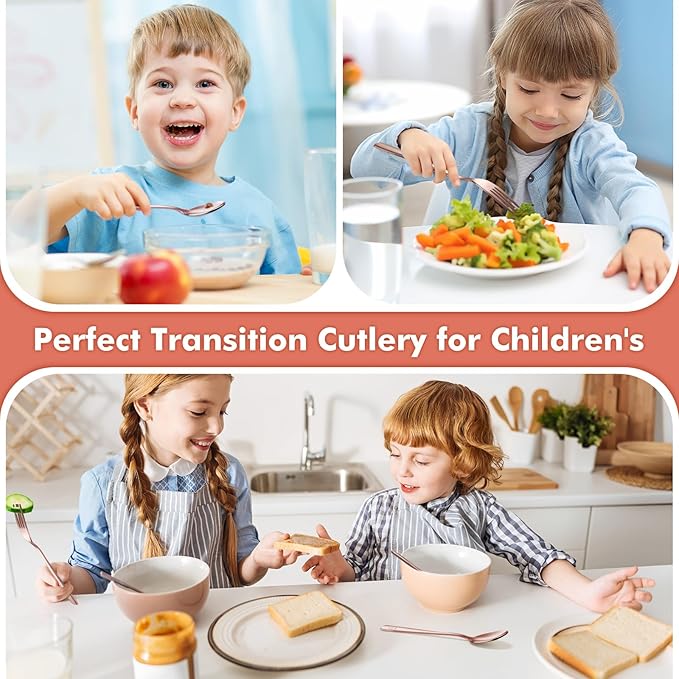 DRKIO Stainless Steel Toddler Utensils Set - 12 Pieces Kids Silverware Set Children Safe Food Grade Small Forks and Spoons Dishwasher Safe Mirror Polished