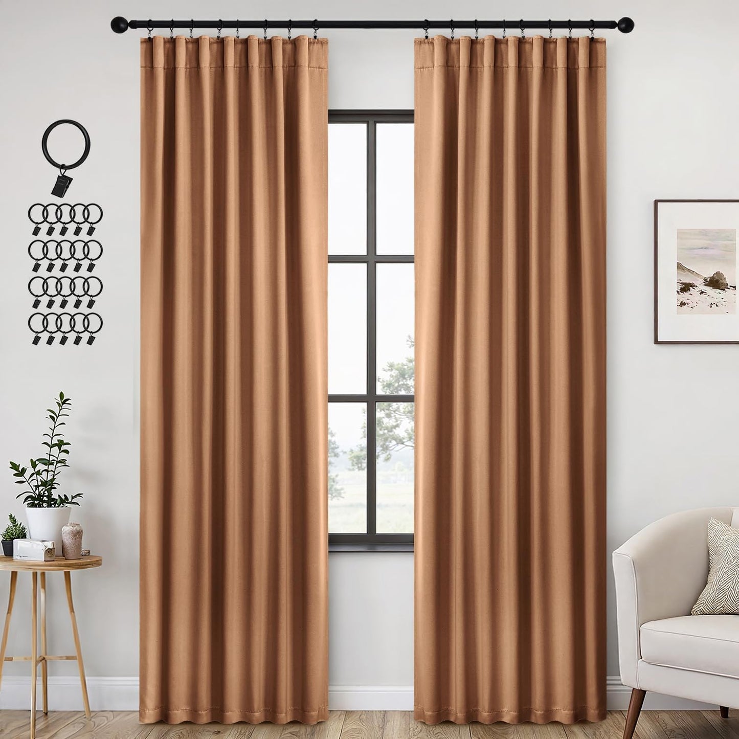 ANRODUO Back Tab Blackout Curtains for Bedroom Living Room, Rod Pocket Pinch Pleated Thermal Insulated Room Darkening Curtains 84 Inches Long 2 Panels, Brown, 42 x 84 Inch