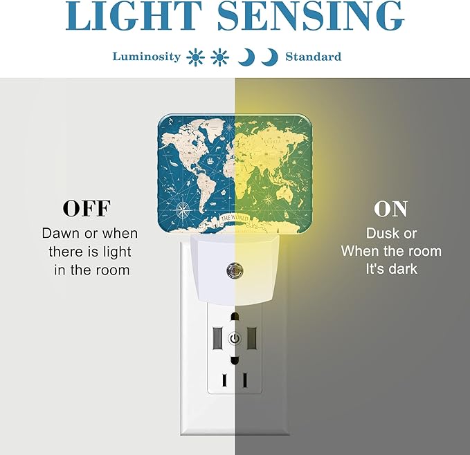 Vintage Blue World Map Night Light for Kids, World Map LED Night Light Plug into Wall with Dusk to Dawn Sensor for Girls Boys Women Men Bedroom, Hallway, Kitchen, Bathroom, Stairs Decor