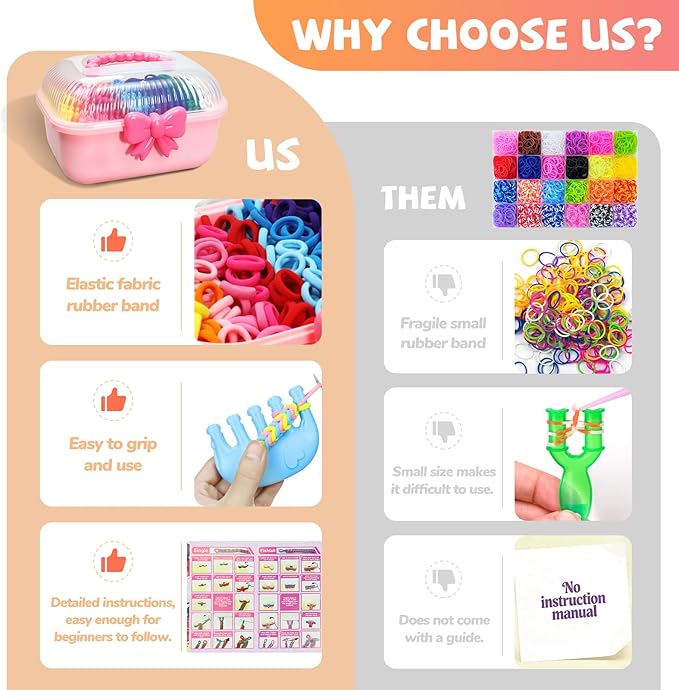 spcozgil Rubber Band Bracelet Making Kit, 1200+ Rainbow Elastic Cloth Loom Bands in 12 Colors, Weaving Loom Bracelets Kits for Girls, DIY Arts and Crafts Toys Christmas Birthday Gift for Kids