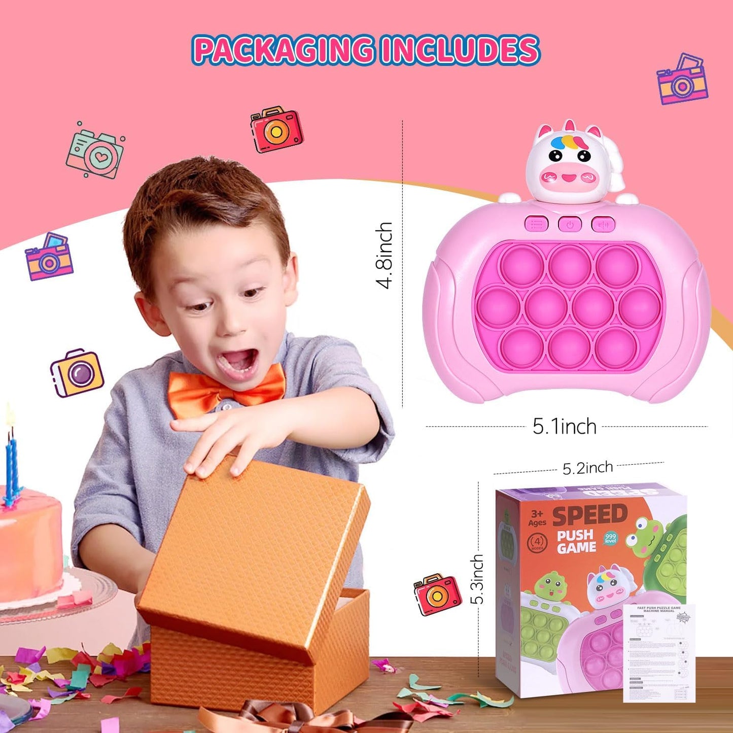 Handheld Game for Kids, Fast Push Game Fidget Toys Quick Press Bubble Game Console, Puzzle Game Machine, Light up Game Sensory Kids Toys for Ages 3-12, Birthday Gift for Boys & Girls & Teens