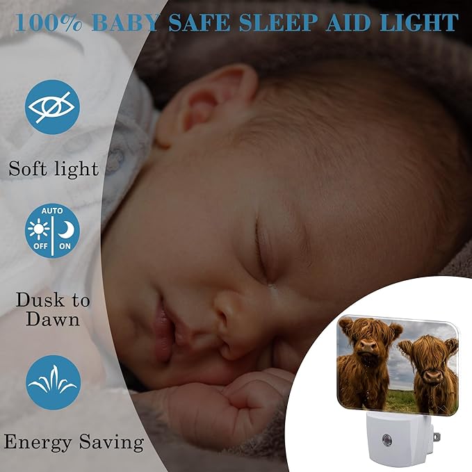 Highland Cows Plug in Night Lights, Cute Highland Cows Nightlight Plug Into Wall Dusk to Dawn Sensor for Kid Girls Boys Women Men Bedroom, Hallway, Kitchen, Bathroom, Stairs Decor
