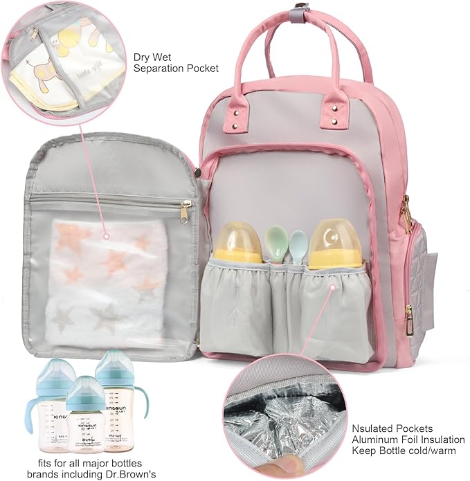 Diaper Bag Backpack - Mommy bag for hospital, Travel backpacks, Large Capacity, Multifunctional - Baby Essentials(Pink)
