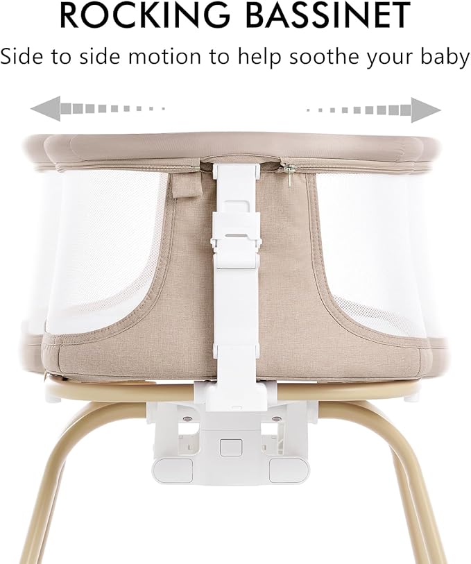 ANGELBLISS 3 in 1 Baby Bassinet, Rocking Bassinets Bedside Sleeper with Calming Motion, Portable Nest for Newborn Infant, Breathable Mesh (Khaki)