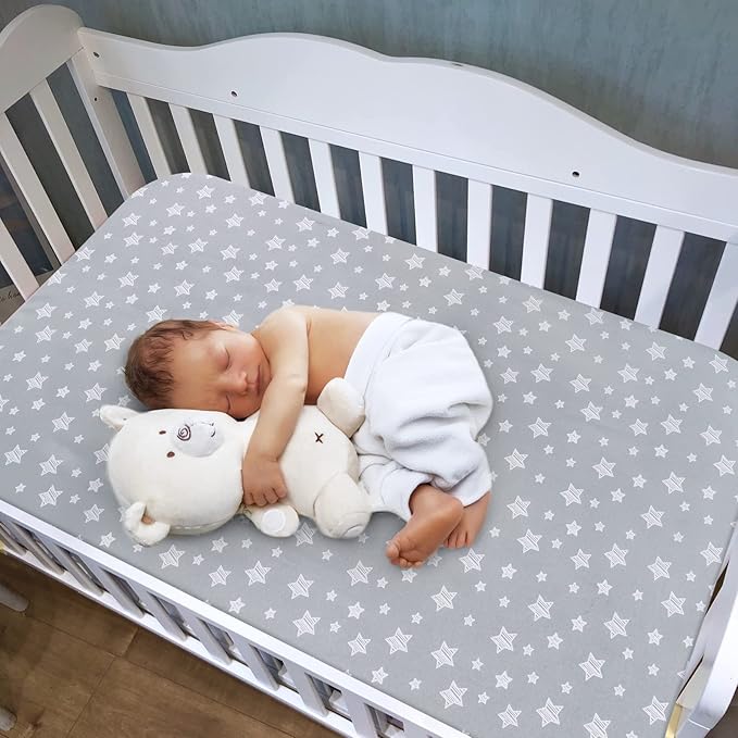 Crib Sheets for Girls 2 Pack, Fitted Crib Sheet for Standard Size Crib and Toddler Mattresses, Soft and Breathable Material, Grey & Pink