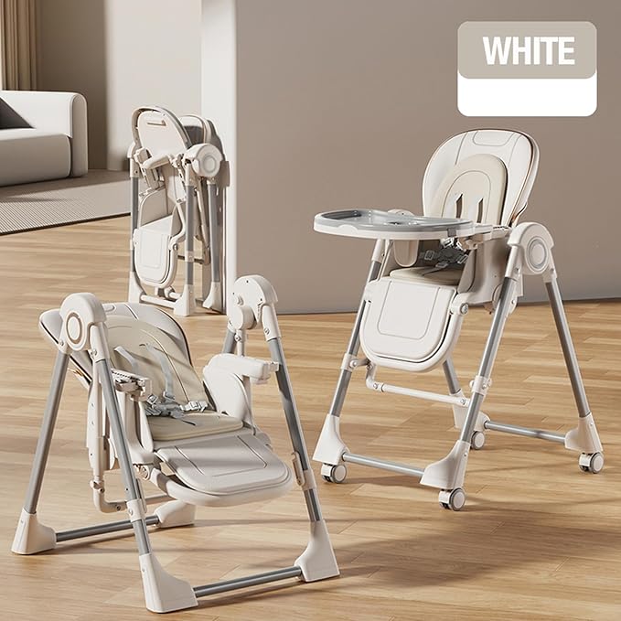 Nine point nine PU Leather Baby High Chair with Swinging Function, High Chairs for Babies and Toddlers, Removable Double Tray Baby Seat Feeding Chairs (8121 White)