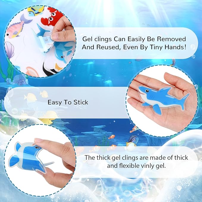 MARFOREVER 50 PCS Sea Animal Window Clings, Ocean Thick Gel Clings Stickers Removable Reusable Jelly Stickers Underwater Fish Shark Turtles Decals for Classroom Nursery Airplane Car Plane Decorations