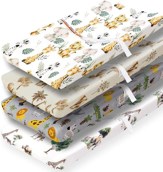 4 Pack Safari Jungle Animals Neutral Unisex Fitted Nursery Baby Sheets Set Toddler Mattress Sheets for Baby Boys or Girls (Changing Pad Cover)