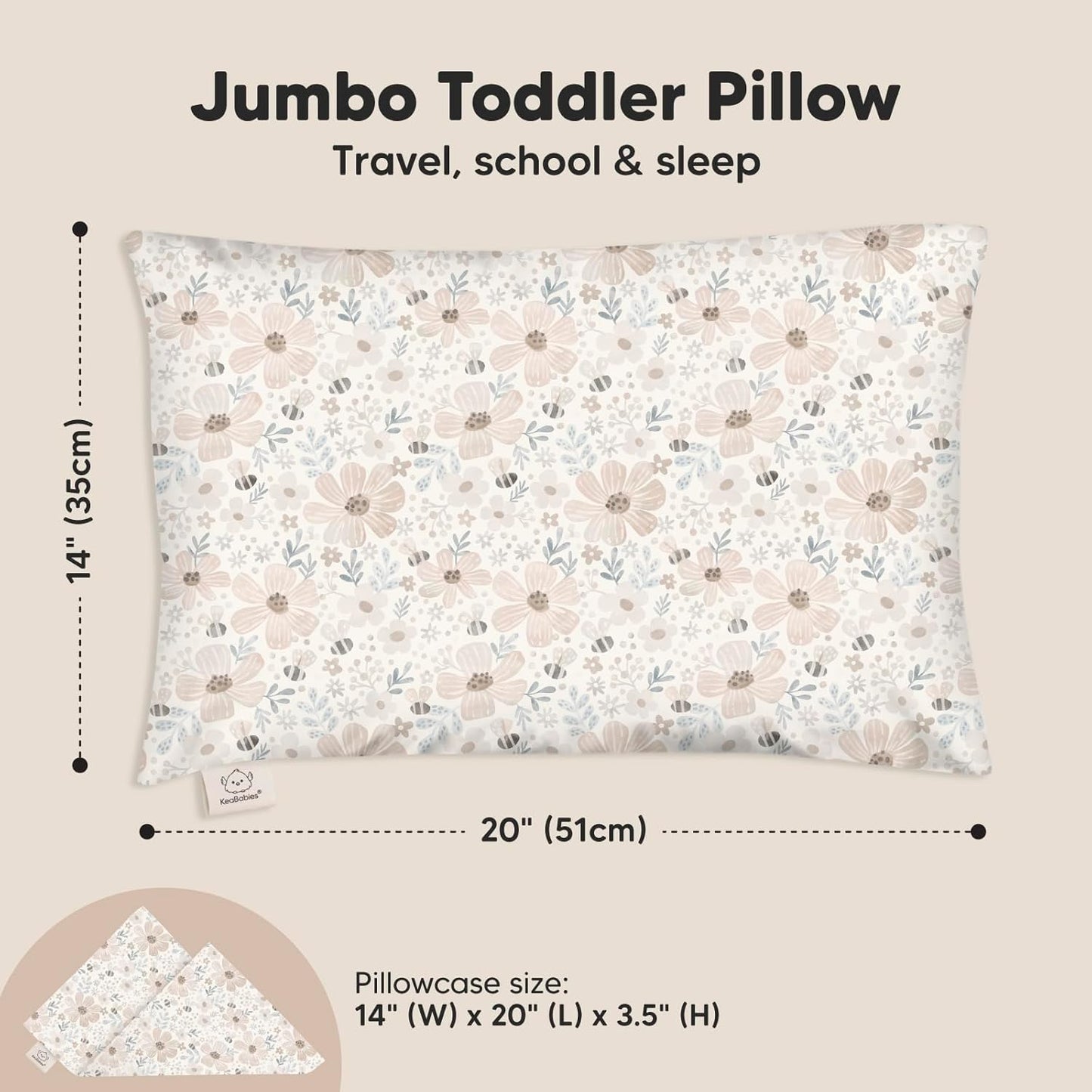 KeaBabies Toddler Pillow with Pillowcase, Jumbo 14X20 - Soft Organic Cotton Toddler Pillows for Sleeping - Machine Washable - Perfect for Travel, Toddler Bed Set (Flora Vale)
