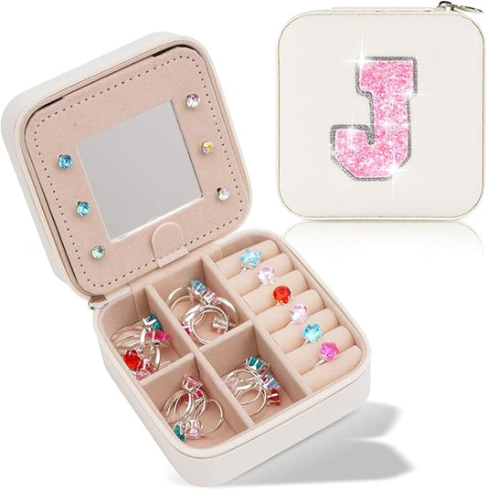 Travel Jewelry Case - Personalized Jewelry Box for Women,Small Jewelry Organizer Cute Jewelry Organizers and Storage Aesthetic,Travel Essentials Birthday Gifts for Girls Women | Cream,J