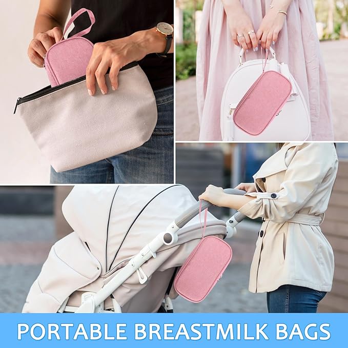 Breastmilk Cooler Bag with Ice Pack, Portable Insulated Breast Milk Storage Cooler Bag, Small Stylish Breastmilk Storage Bag Cooler with Wrist Strap (Pink)