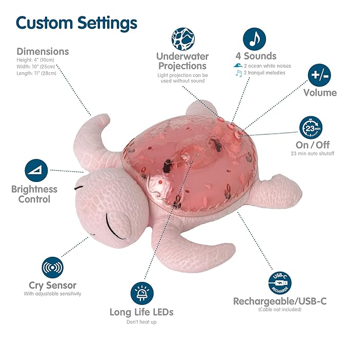 ﻿Cloud b Ocean Projector Nightlight with 2 White Noises & 2 Soothing Sounds | Adjustable Settings | Cry Sensor | Tranquil Turtle - Pink (Rechargeable)
