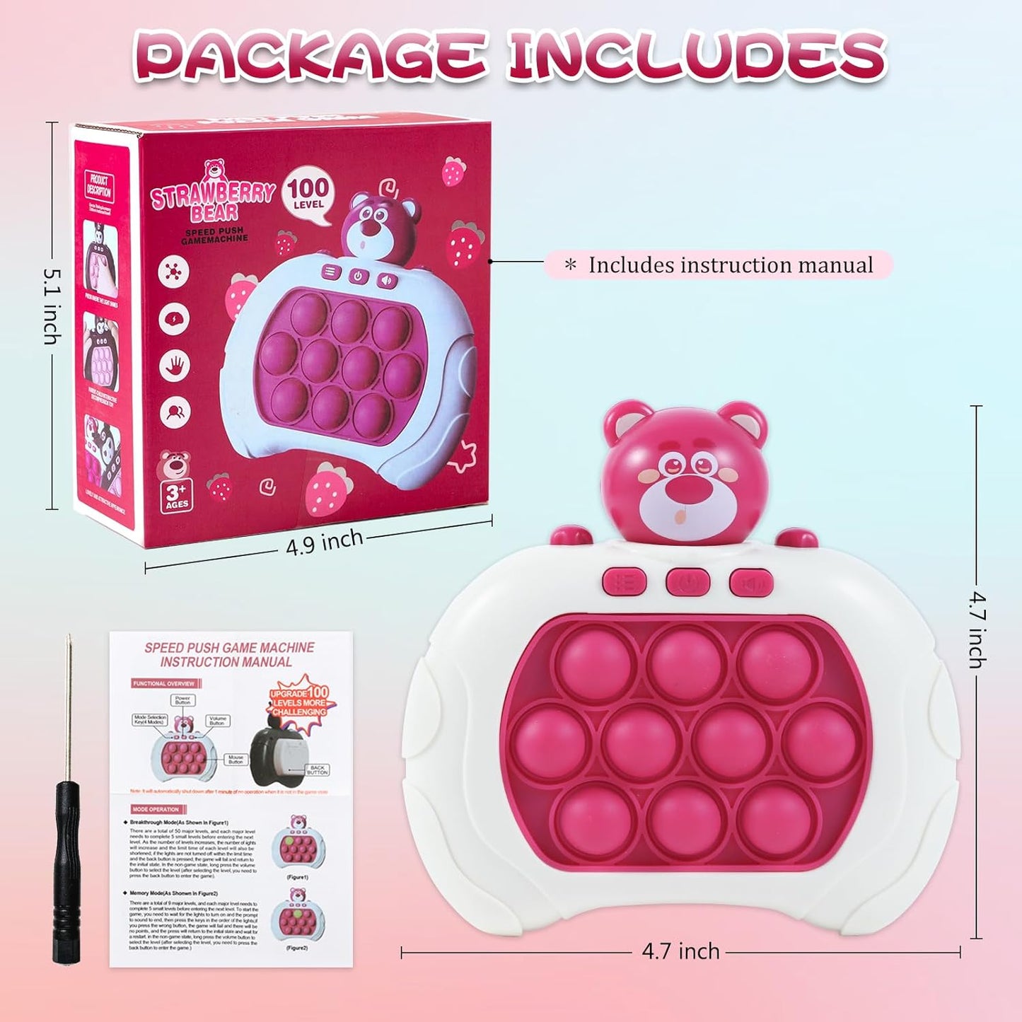 Pop Fidget Toys Handheld Game for Teens, Push Bubble Light up Puzzle Game Machine & Best Gifts for Kids, Quick Push Games Educational Sensory Toys, Stress Relief Party Favors Toy Age 3-12(Bear-S)