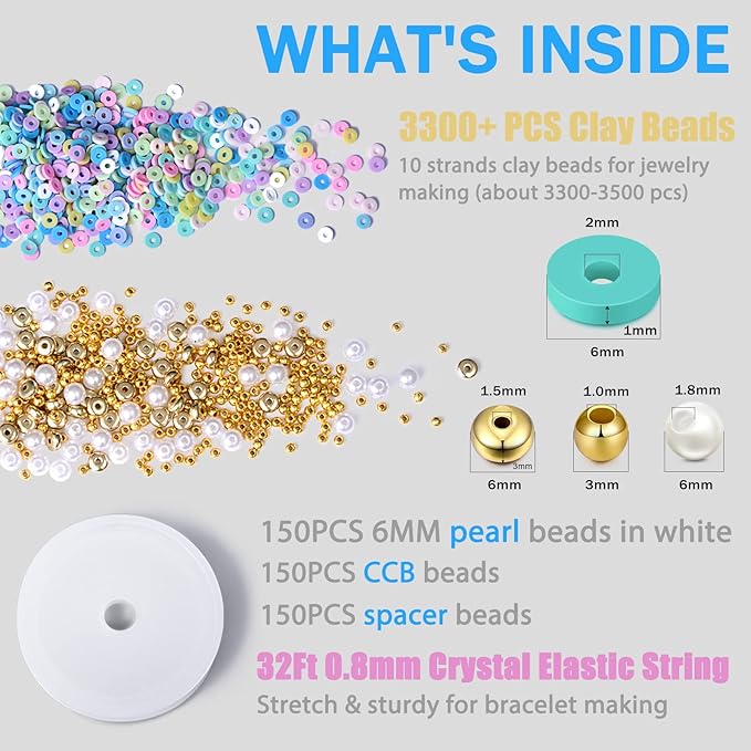 AceFun 3750PCS Clay Beads for Bracelets Making Polymer Clay Beads Kit with Pearl Beads Spacer Beads, Disc Heishi Beads Set for Jewelry Making Necklace Bracelet Earrings Finding, Macaroon Colors Mixed